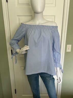 LOFT Blue and White Stripe Off-the-Shoulder Tie-Sleeve Top
